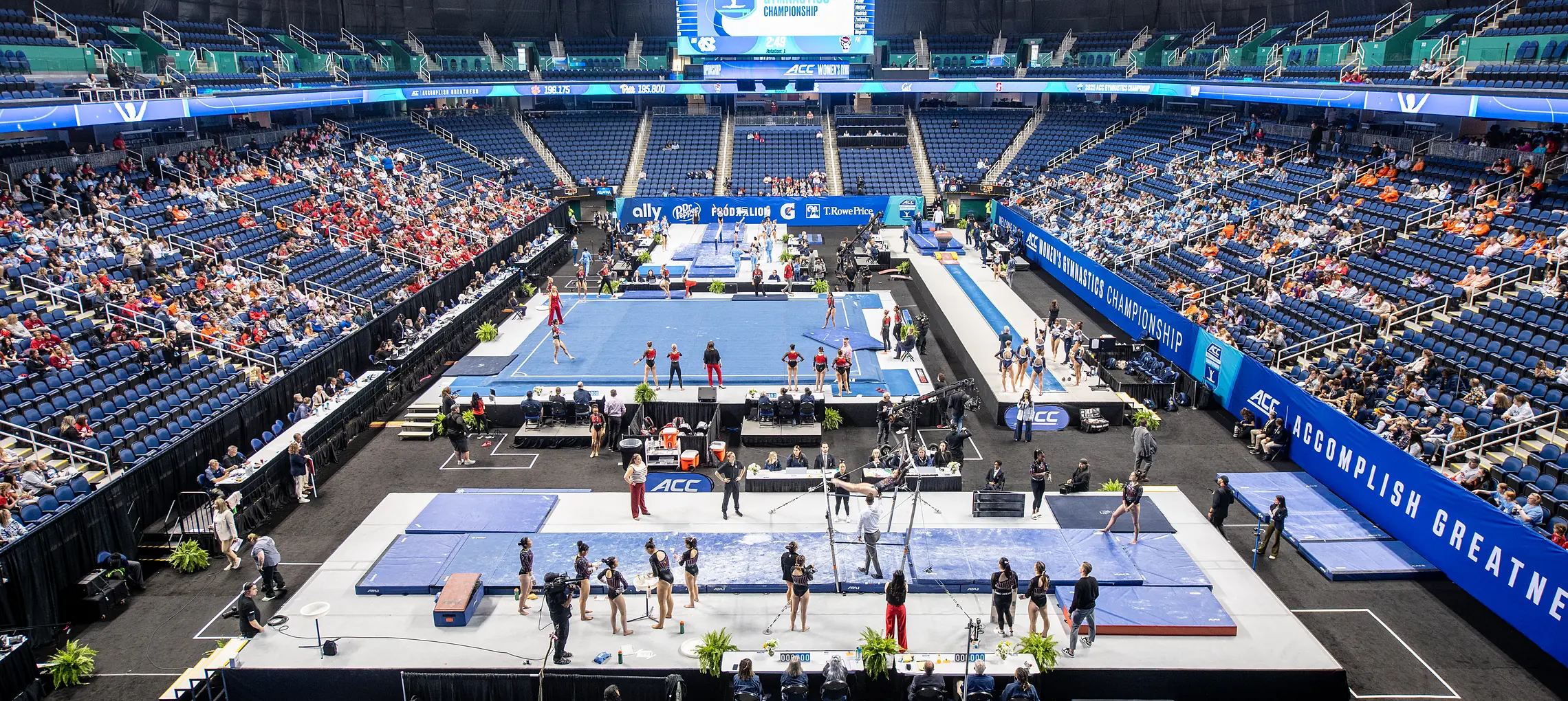 The ACC Women's Gymnastics Championship floor in competition inside First Horizon Coliseum