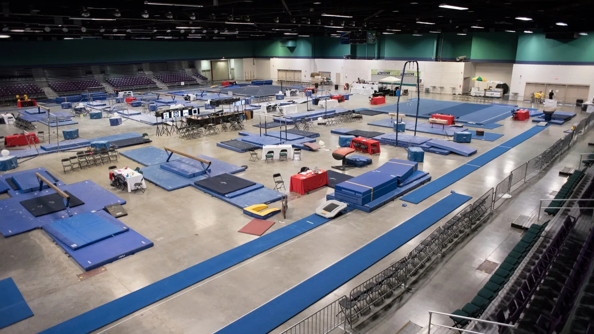 A gymnastics competition floor in Greensboro