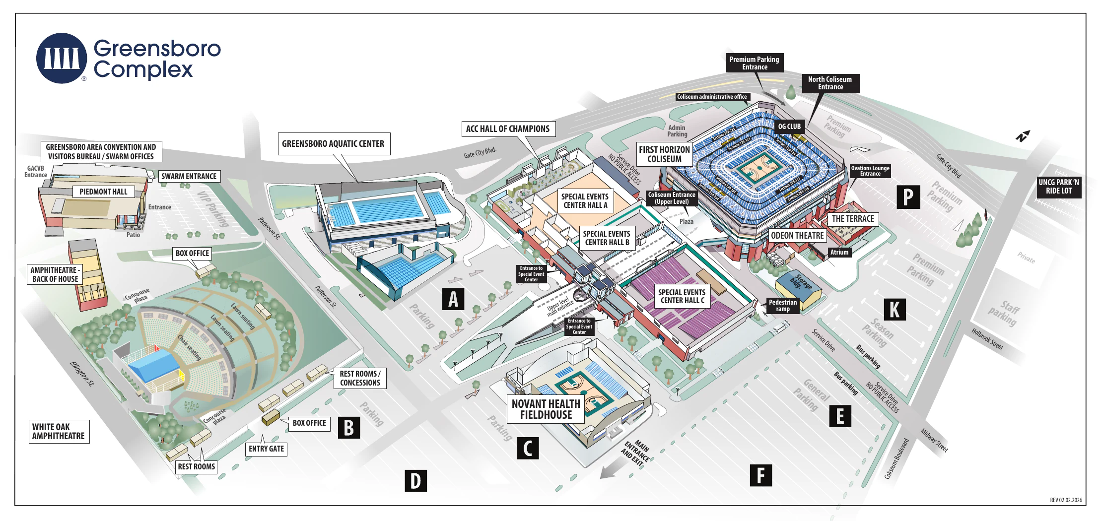 Illustrated Greensboro Complex campus map showing venues, entrances, roads, and parking areas