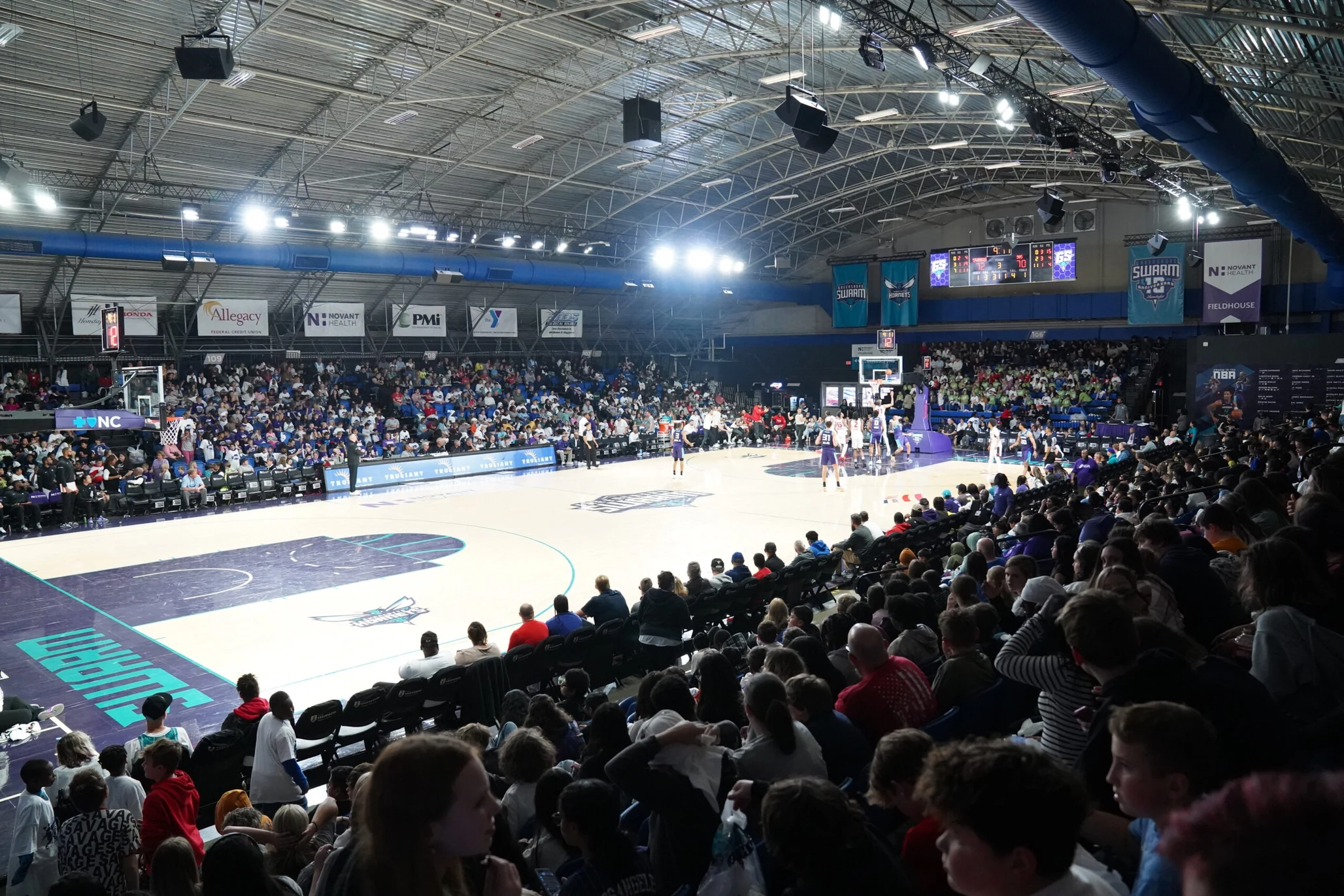 A sold-out Greensboro Swarm basketball game inside Novant Health Fieldhouse