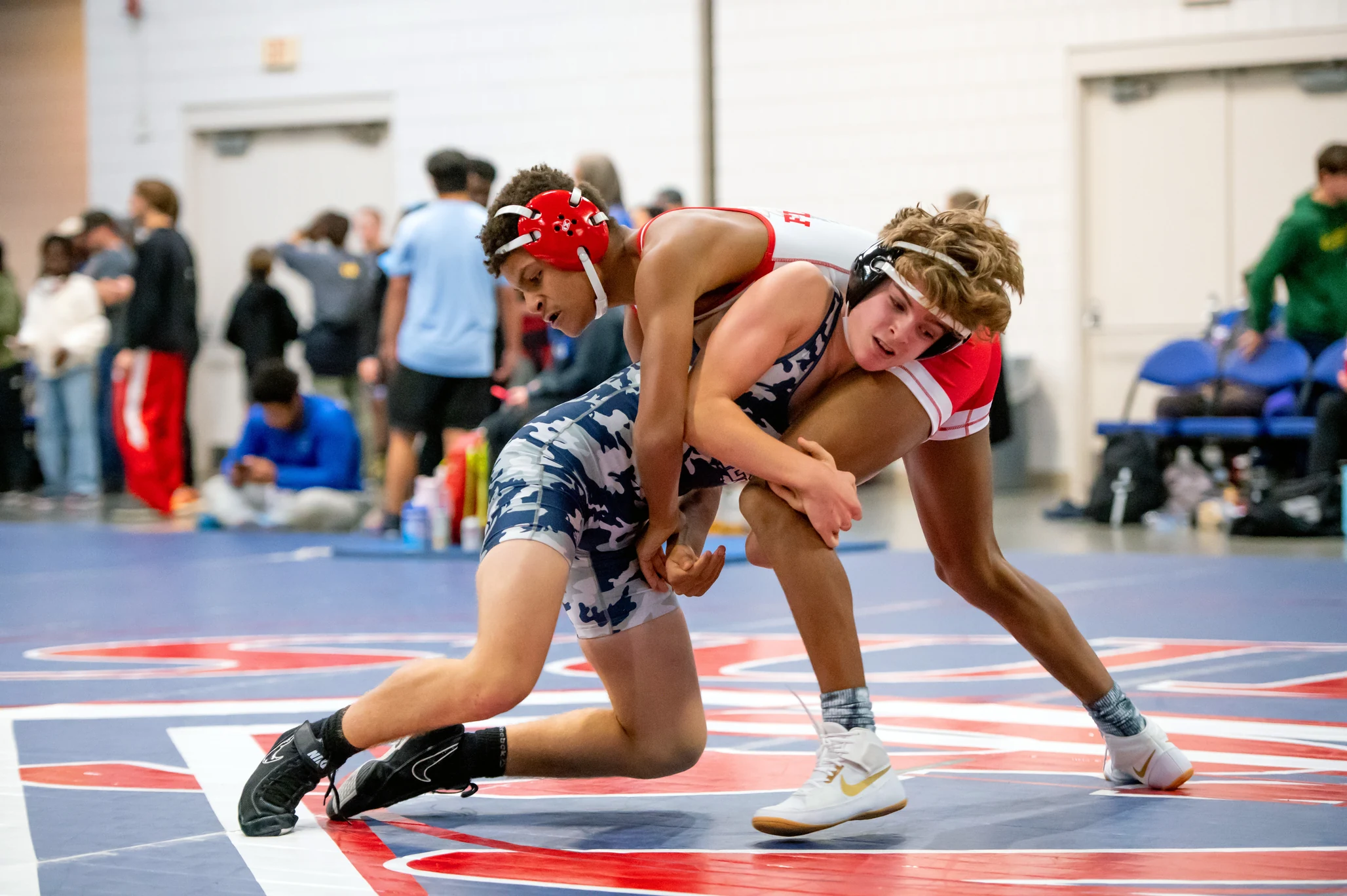 Two athletes compete during a wrestling tournament in the Special Events Center