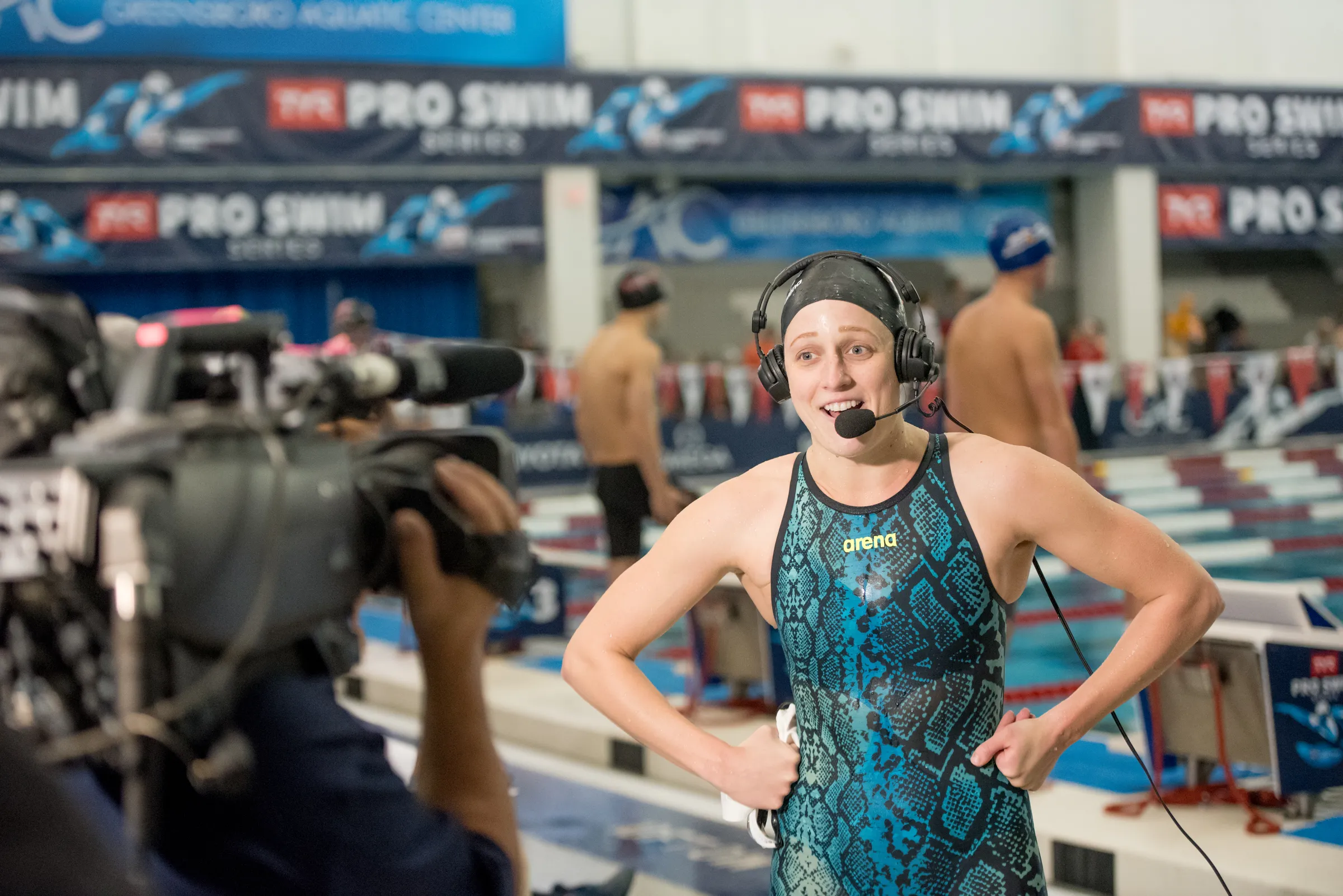 Katie Ledecky on the pool deck at the Greensboro Aquatic Center